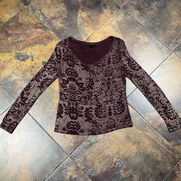 Kiara Floral Stretchy Brown Tan V-Neck Travel Blouse Large - Picture 4 of 10